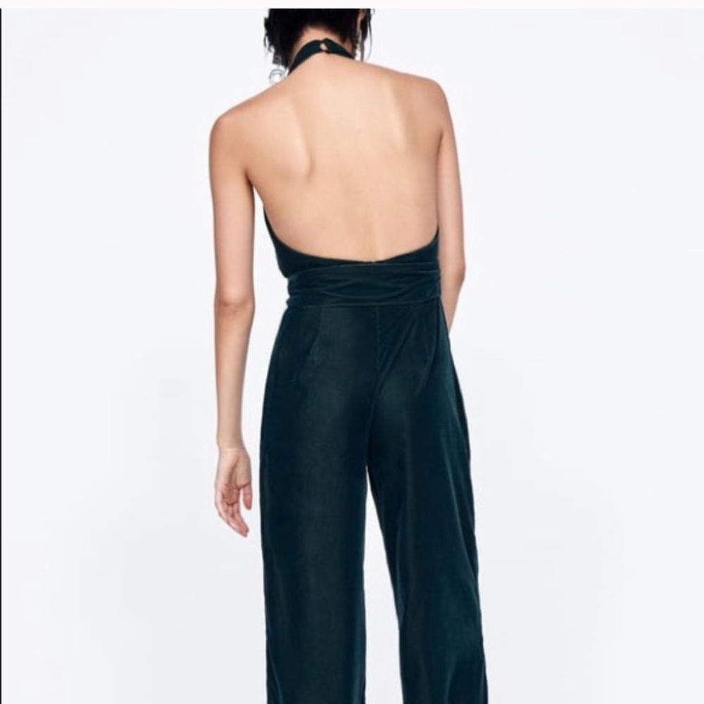 Zara  NWT Dark Emerald Green Velvet Jumpsuit